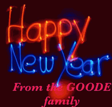a neon sign says happy new year from the goode family