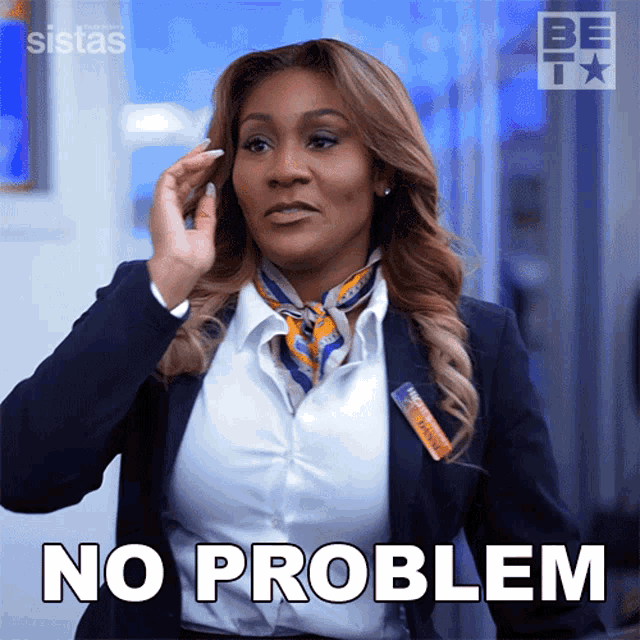a woman in a suit is talking on a cell phone and the words no problem are visible