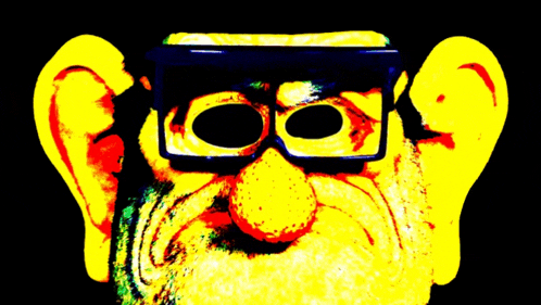a close up of a cartoon character wearing glasses and a mustache