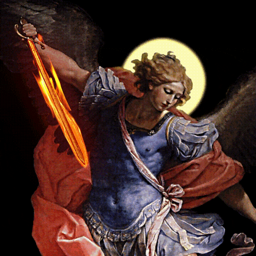 a painting of a man with wings holding a sword with flames coming out of it