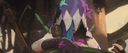 a cartoon character with purple hair and a sword is holding a sword .