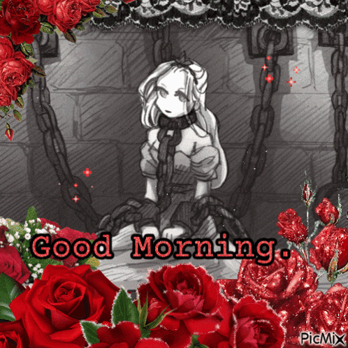 a black and white drawing of a girl chained to a wall with the words " good morning " surrounded by red roses