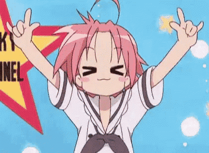 a cartoon girl with pink hair is standing with her arms outstretched in front of a star .