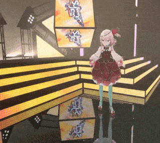 a girl in a red dress stands on a stage in front of a sign that says ' tokyo ghoul ' on it