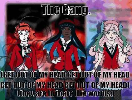 a cartoon of three girls standing next to each other with the caption " the gang "