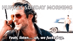 a man wearing sunglasses is talking on a cell phone and says hunkes sunday morning .