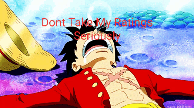 a cartoon character laying on the ground with the words " dont take my ratings seriously "
