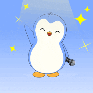 a penguin is holding a microphone and smiling