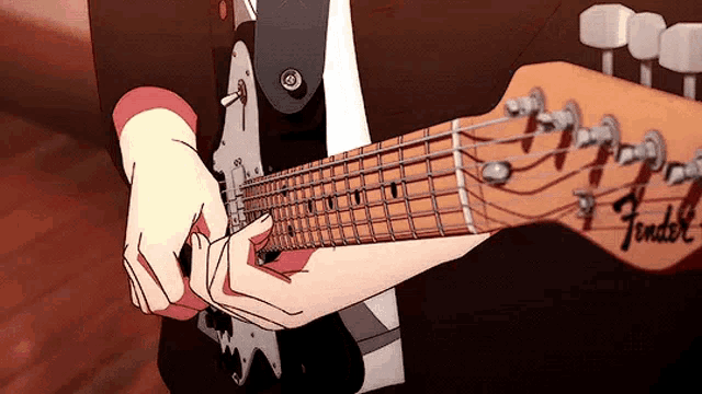 a person is playing a fender electric guitar in a cartoon .