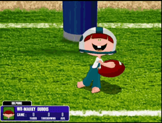 a cartoon character holding a football on a field with a scoreboard that says dolphins