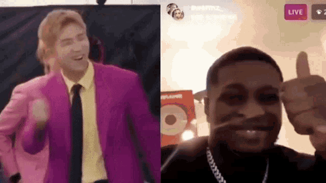 a man in a purple suit is giving a thumbs up