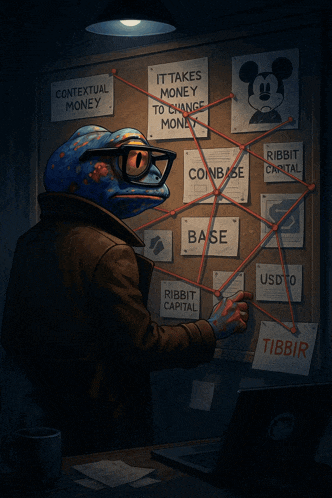 a frog is looking at a bulletin board that says contextual money