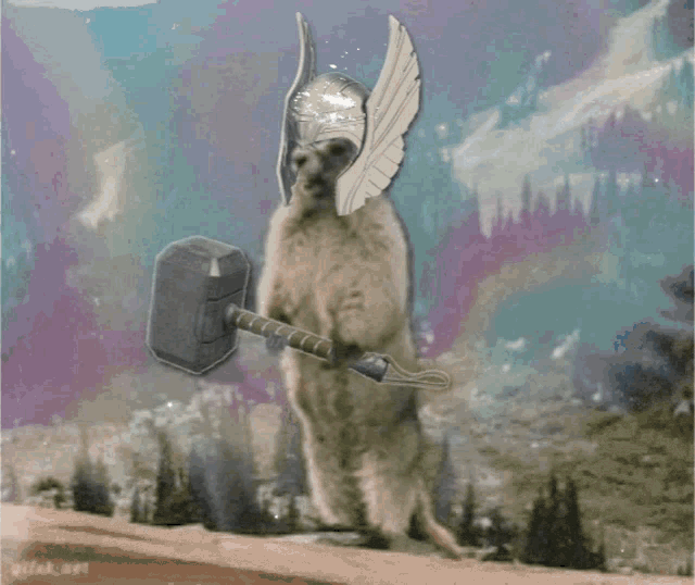 a polar bear wearing a helmet and holding a hammer in front of a mountain