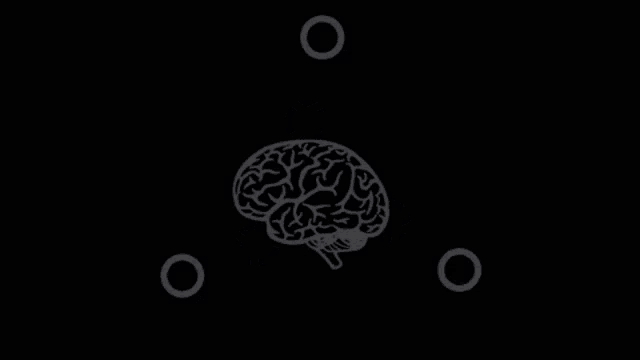 a drawing of a brain surrounded by atoms and lines on a black background .