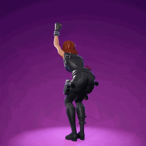 a woman in a black outfit is standing on a purple background