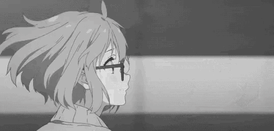 a black and white photo of a girl with glasses and the words te amo in red .