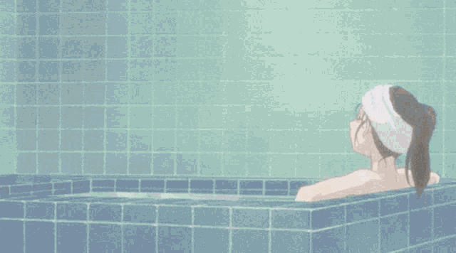 a naked anime girl with a towel wrapped around her head