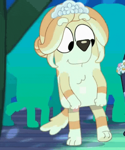 a cartoon dog is wearing a hat with flowers on it .