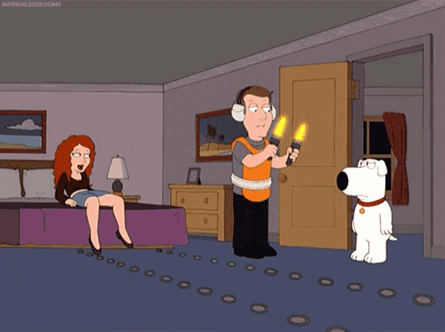a cartoon shows a woman sitting on a bed while a man holds a flashlight and a dog looks on