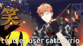 a man in a camouflage shirt is holding a gun and says twitter user catboyrio on the bottom