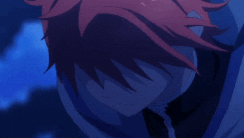 a close up of a red haired anime character with a blue background