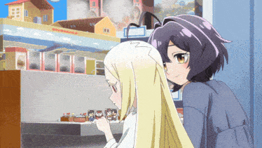 two anime girls are standing next to each other in front of a building that says rvrvrvrvrvrvr