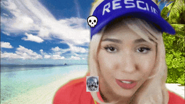 a woman wearing a blue hat with the word rescue on it