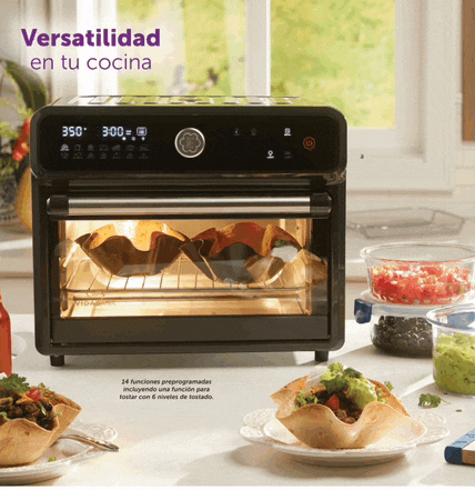 a versatilidad en tu cocina ad with a black oven