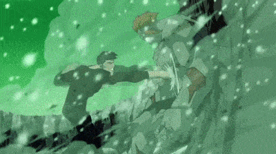 a cartoon of a man fighting a monster in the snow .