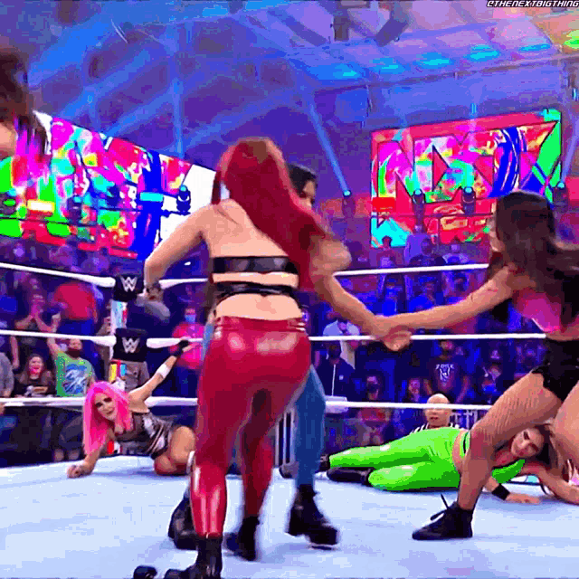 a group of women are wrestling in a ring and one of them is wearing a pink top