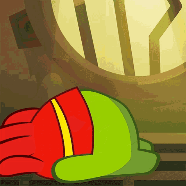 a cartoon drawing of a person laying on the floor with a red hat and green pants