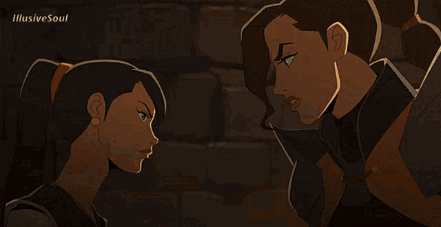 two cartoon characters looking at each other with illusive soul in the corner