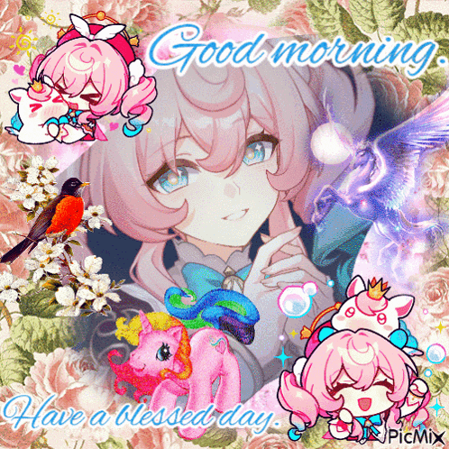 a picture of a girl with a pink pony says good morning