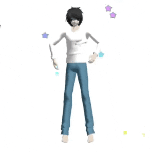a 3d anime character is dancing in front of a white background with stars .