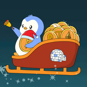a penguin wearing a santa hat is riding a sled full of coins