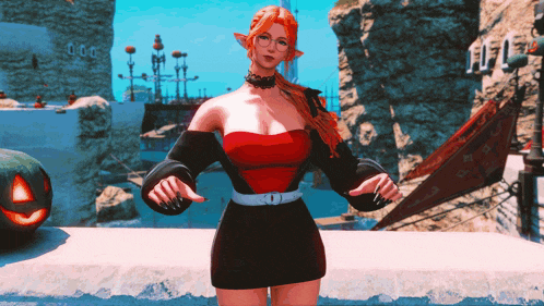 a woman in a red top and black skirt stands in front of a sign that says ' ffxiv ' on it
