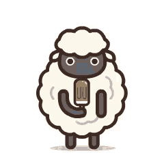 a cartoon sheep is holding a green popsicle and flowers are behind it .
