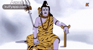 a cartoon of a deity with a cane and a sword