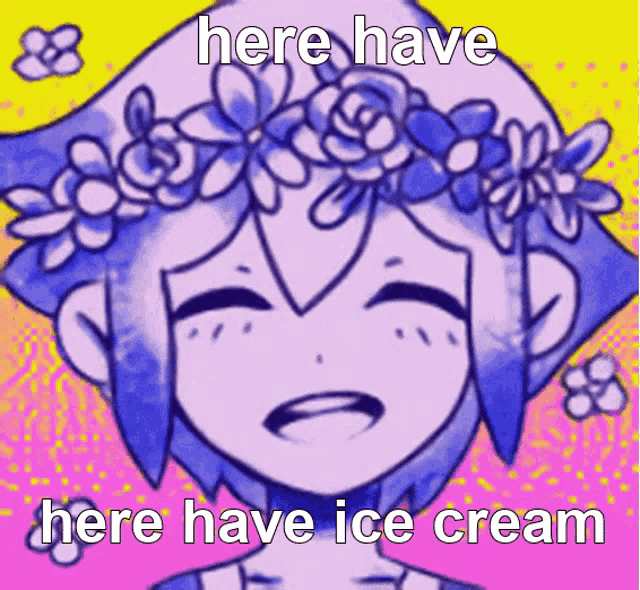 a drawing of a girl with a flower crown on her head and the words here have here have ice cream