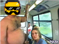 a man without a shirt is riding a bus with a gif jif watermark