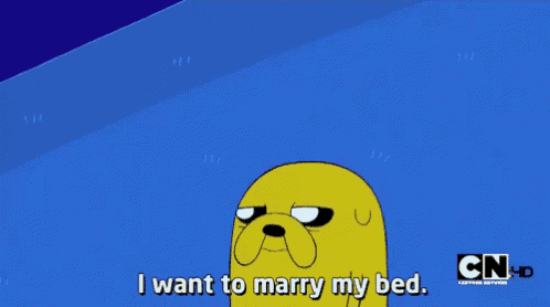 a cartoon of a dog saying i want to marry my bed