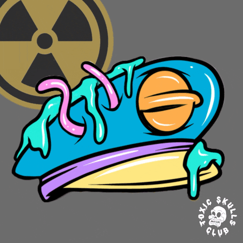 a colorful frog with toxic skulls club written on the bottom