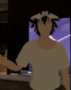 a cartoon character with a bow on his head is standing in front of a tv .