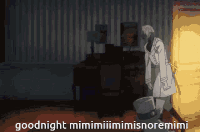 a man in a white coat is standing in a dark room with the words goodnight mimimimiii mimimisnoremimi