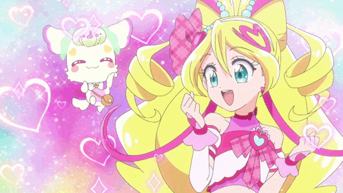 a girl making a heart shape with her hands with hearts surrounding her