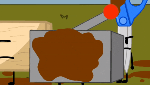 a cartoon drawing of a scissor cutting a piece of wood with a red ball