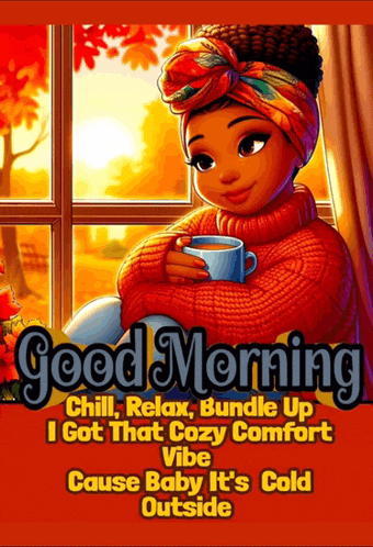 a poster that says good morning chill relax bundle up i got that cozy comfort vibe cause baby it's cold outside