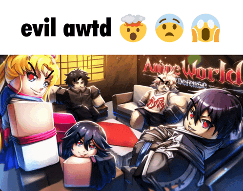 a group of anime characters are sitting in front of a wall that says anime world on it