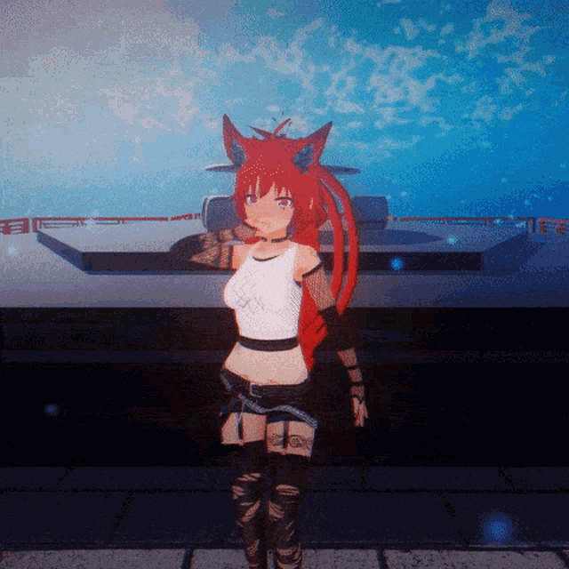 a girl with red hair is wearing a white top