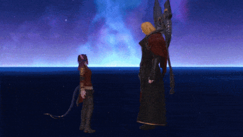 a man and a woman are standing next to each other in front of the ocean